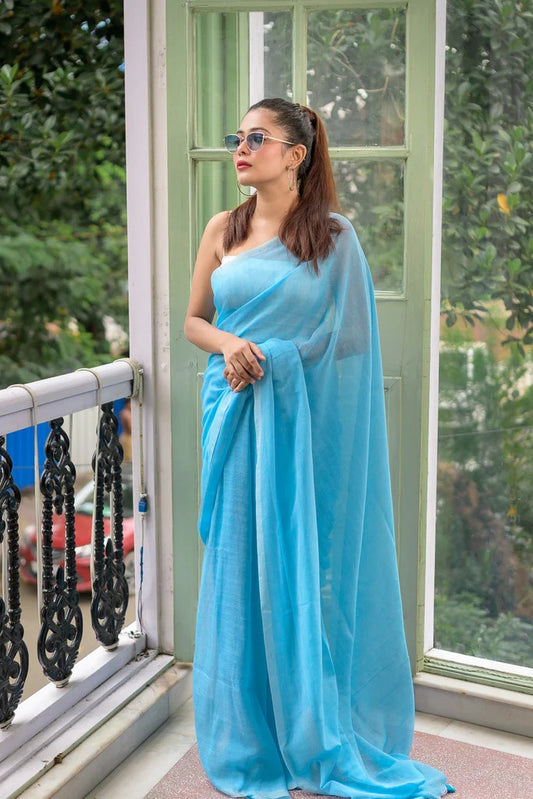 Sky Blue Plain Khadi Cotton Saree With Fancy Tassel Work