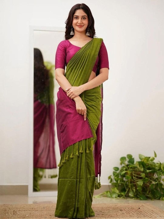 Mahendi Green Color Plain Khadi Cotton Saree With Fancy Tassel Work