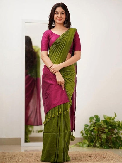 Mahendi Green Color Plain Khadi Cotton Saree With Fancy Tassel Work