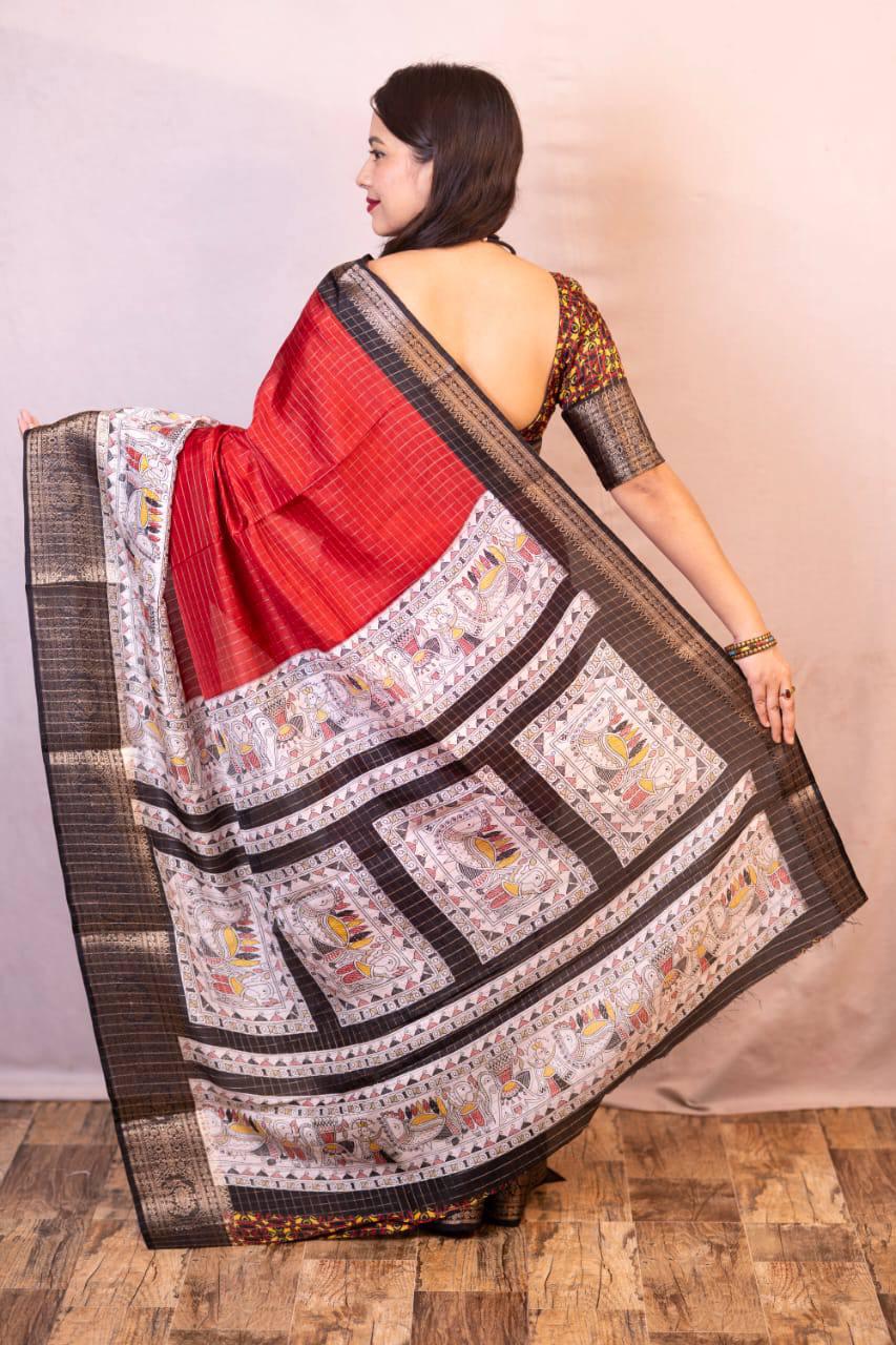 Red Dola Silk Saree With Beautiful Madhubani Printed Pallu Work | Traditional Wedding Wear – JaipurSaaj