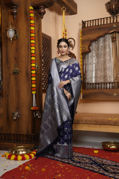 Navy Blue Banarasi Silk Saree With Zari Weaving Work | Wedding Festive Wear – JaipurSaaj