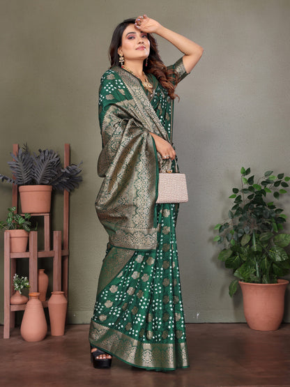 Green Bandhej Silk Saree With Zari Weaving Work | Wedding & Festive Wear – JaipurSaaj