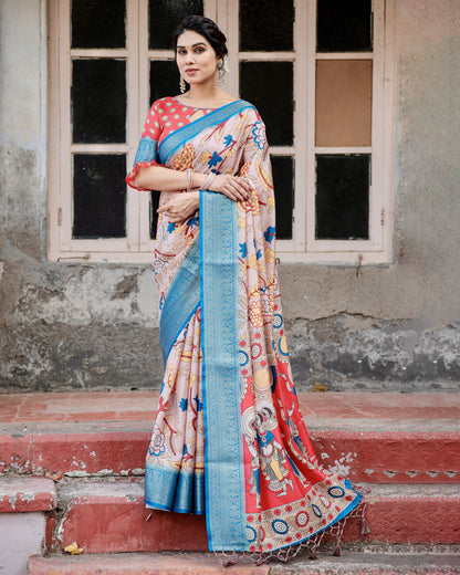 Multi Kalamakari Floral Printed Tussar Silk Saree With Zari Motif Border | Festive Ethnic Wear – JaipurSaaj