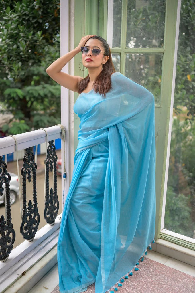 Sky Blue Plain Khadi Cotton Saree With Fancy Tassel Work | Handloom Office Wear – JaipurSaaj