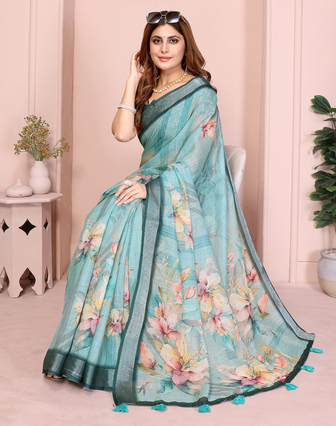 Multi Linen Cotton Saree With Digital Printed Work And Silver Zari Border