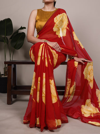 Red Chiffon Saree with Floral Printed Work & Lace Border | Designer Party Wear – JaipurSaaj