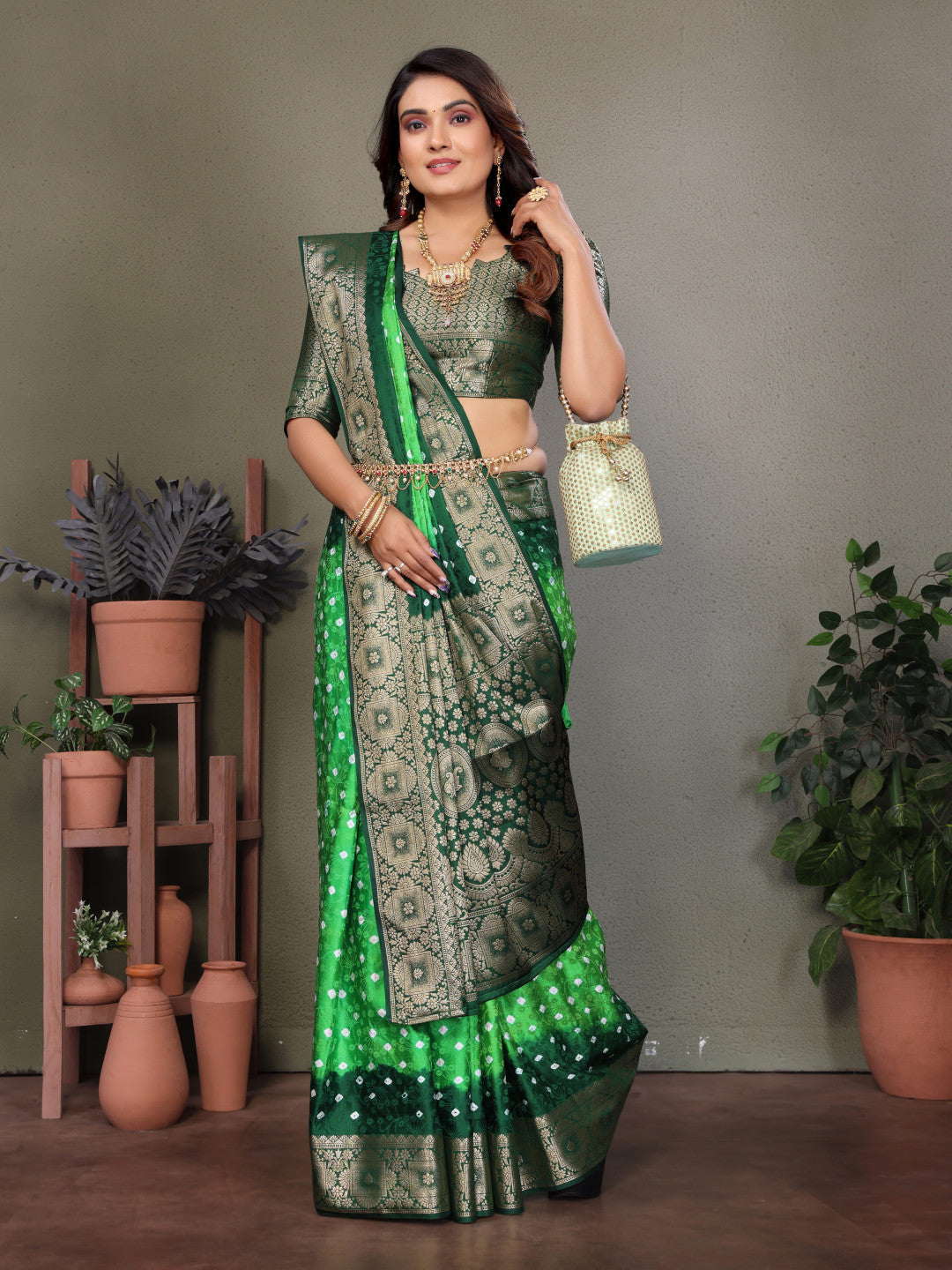 Parrot Green & Green Bandhej Silk Saree With Zari Weaving Work | Festive Wedding Wear – JaipurSaaj