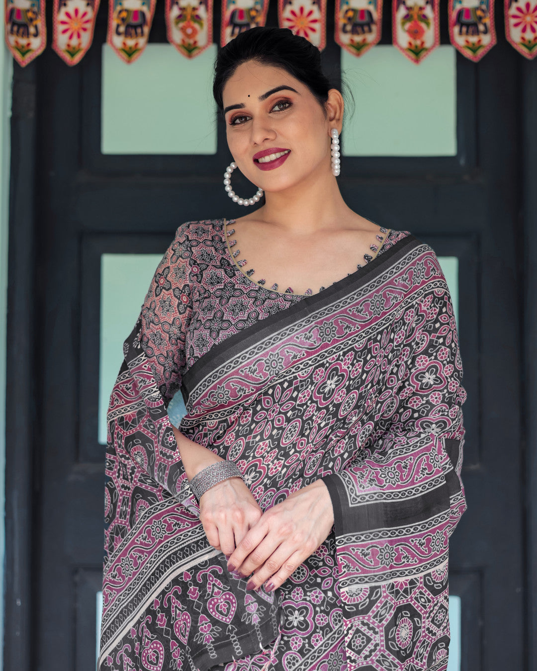 Black Soft Linen Cotton Saree With Ajarakh Digital Printed Work