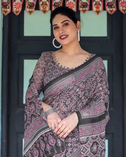 Black Soft Linen Cotton Saree With Ajarakh Digital Printed Work