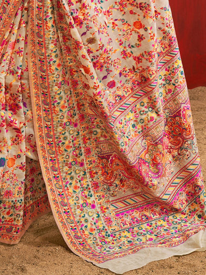 White Pashmina Silk Saree With Traditional Woven Design | Festive & Wedding Wear – JaipurSaaj