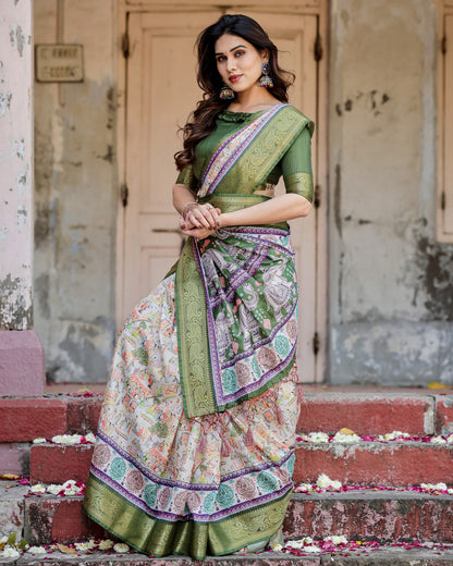 Multi Kalamakari Floral Printed Tussar Silk Saree With Zari Motif Border | Festive Ethnic Wear – JaipurSaaj