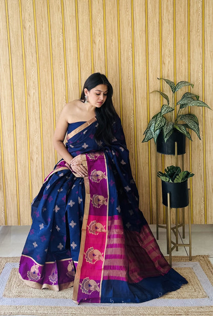 Royal Blue Soft Cotton Saree With Jacquard Border