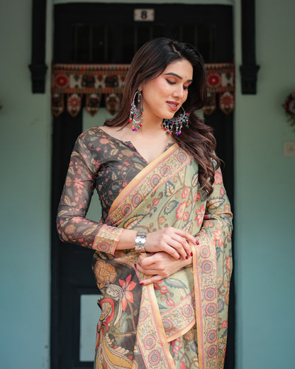 Pista Green Soft Linen Cotton Saree With Kalamkari Printed Work