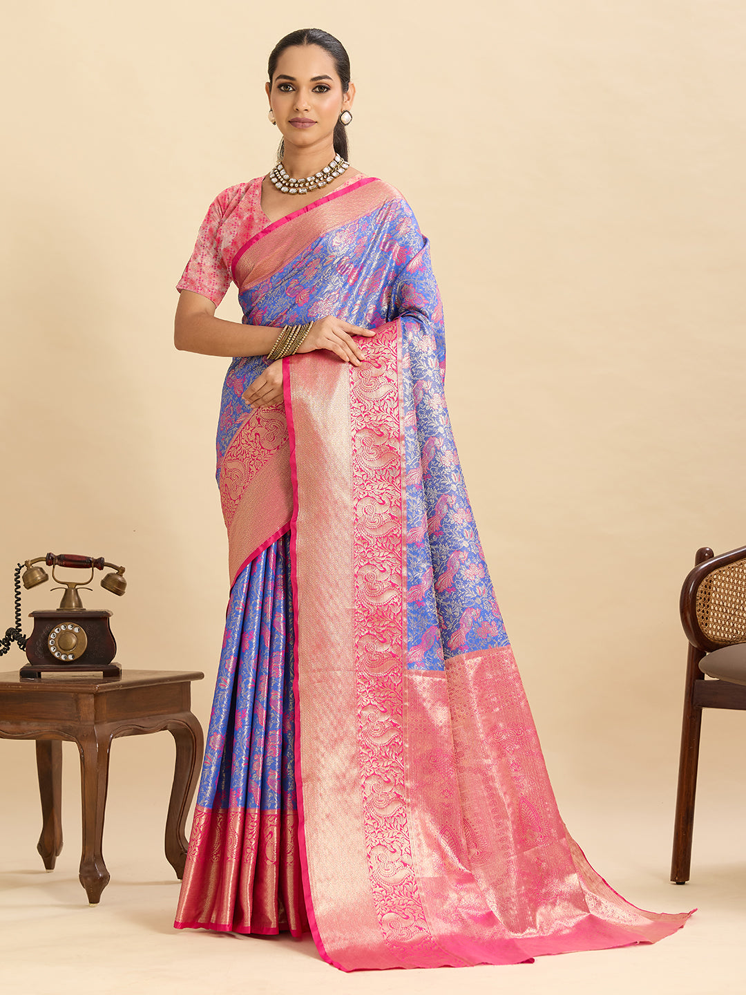 Blue Kanjivaram Silk Saree with Zari Weaving Work & Big Border | Bridal Wedding Wear – JaipurSaaj