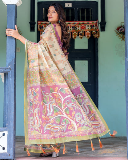 Multi Color Kalamkari Digital Printed Linen Cotton Saree | Summer Casual & Ethnic Wear – JaipurSaaj