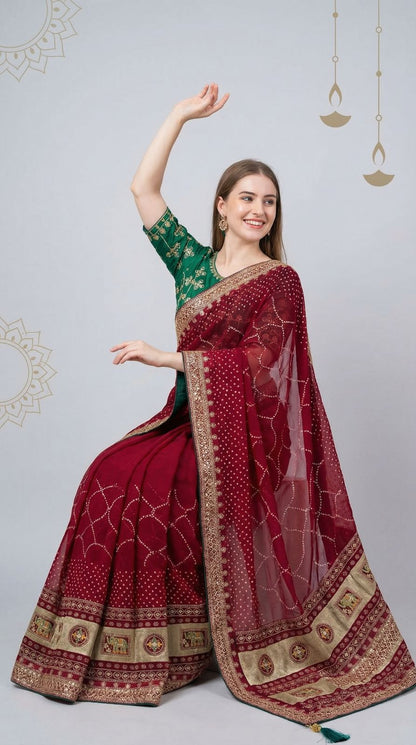 Pink Vichitra Silk Saree With Khadi Bandhej Heavy Pallu & Zari Border | Wedding & Festive Wear – JaipurSaaj