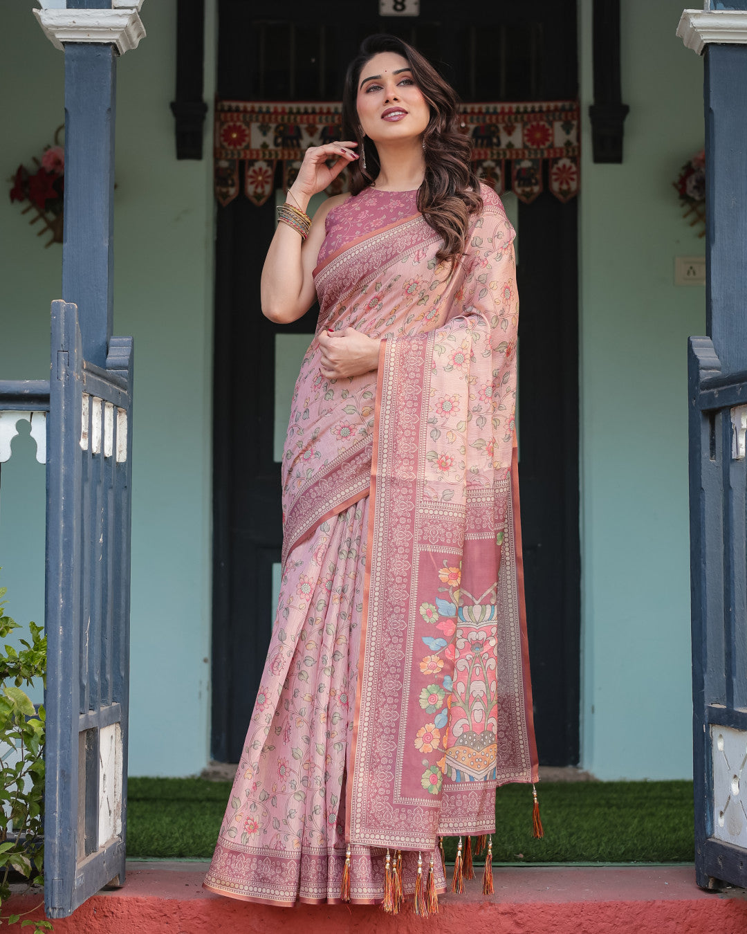 Baby Pink Soft Linen Cotton Saree With Kalamkari Printed Work