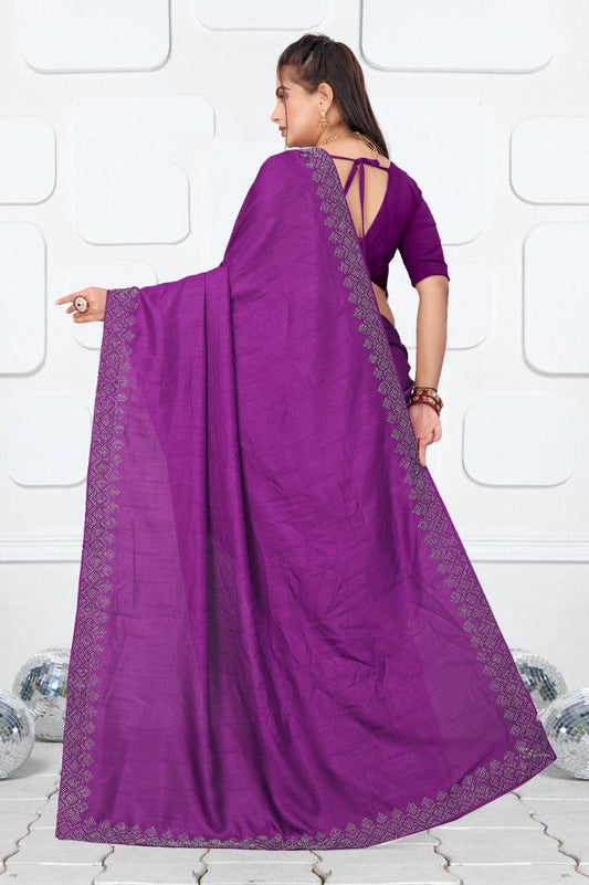 Purple Dola Silk Saree With Siroski Work Border