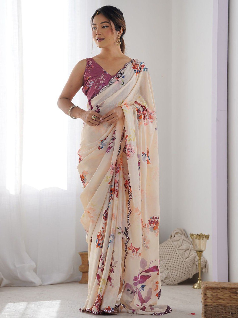 Beige Georgette Saree With Printed And Mirror Work With Arco Border
