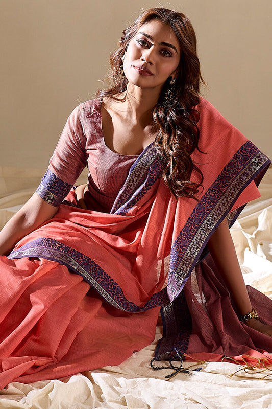 Peach Linen Cotton Saree With Weaving Work