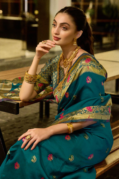 Traditional Morpich Paithani Silk Saree With Zari Weaving Work