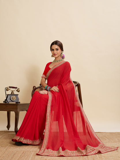 Red Soft Vichitra Silk Saree With Embroidery Work | Bridal Wedding & Festive Wear – JaipurSaaj