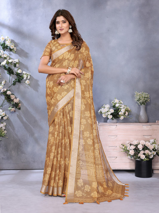 Mustard Yellow Linen Cotton Saree With Digital Printed Work And Silver Zari Border