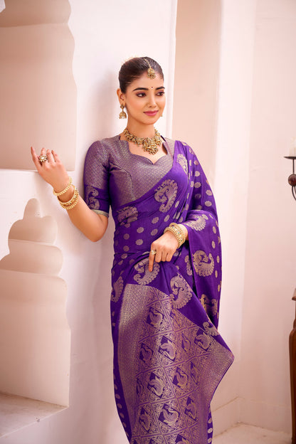 Purple Soft Roop Silk Saree With Printed Work & Zari Weaving Border | Traditional Festive Wear – JaipurSaaj