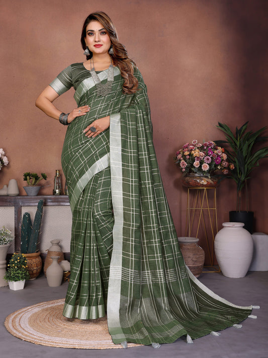 Green Linen Cotton Saree With Silver Zari Border