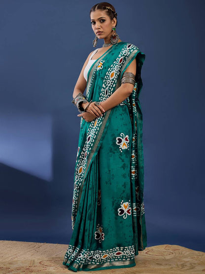 Rama Green Soft Pure Cotton Silk Saree With Hand Batik Print Work | Casual & Ethnic Wear – JaipurSaaj