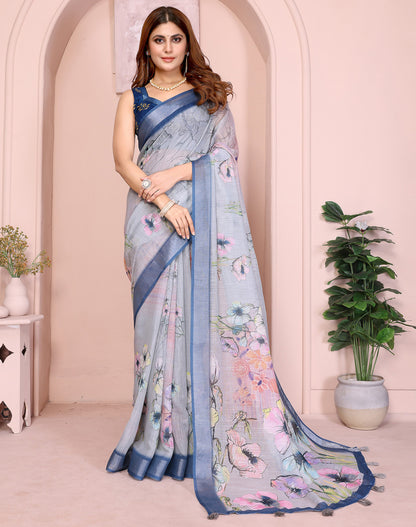 Multi Linen Cotton Saree With Digital Printed Work And Silver Zari Border