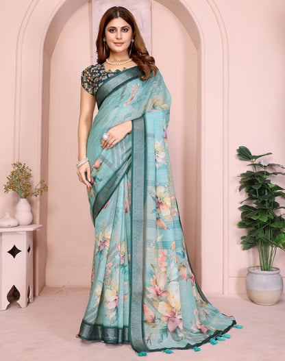 Multi Linen Cotton Saree With Digital Printed Work And Silver Zari Border