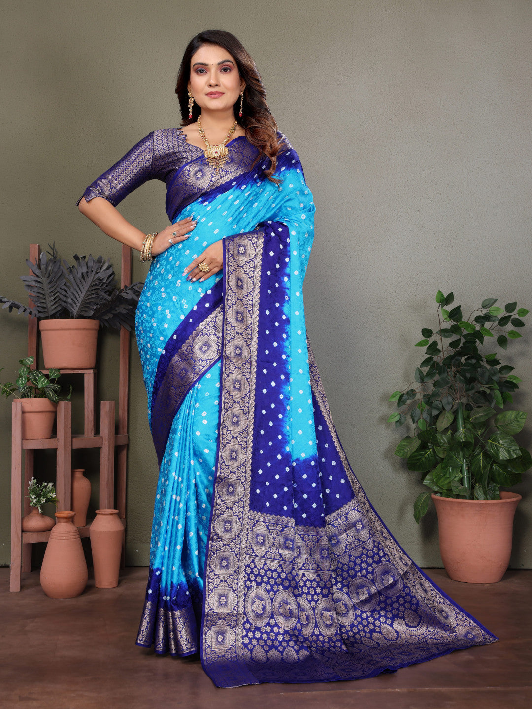 Sky Blue & Blue Bandhej Silk Saree With Zari Weaving Work | Festive Wedding Wear – JaipurSaaj
