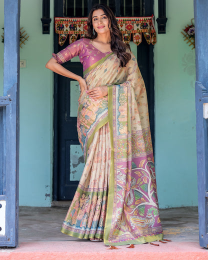 Multi Color Kalamkari Digital Printed Linen Cotton Saree | Summer Casual & Ethnic Wear – JaipurSaaj