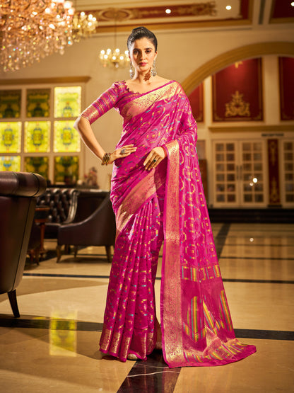 Rani Pink Green Organza Silk Saree with Zari Weaving Work | Wedding & Festive Wear – JaipurSaaj