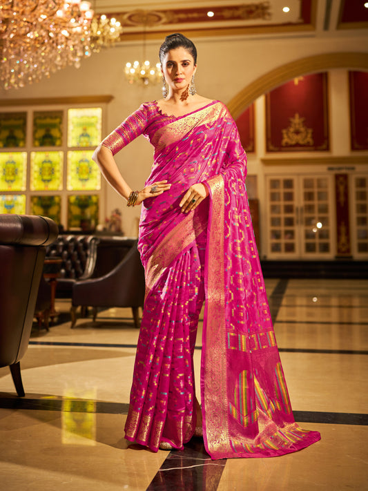 Rani Pink Green Organza Silk Saree with Zari Weaving Work | Wedding & Festive Wear – JaipurSaaj