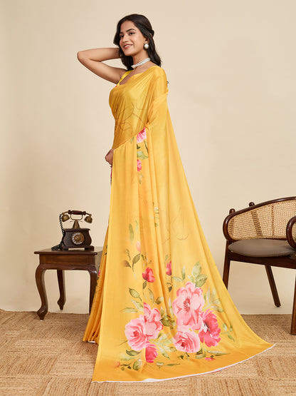 Yellow Soft Chinnon Silk Saree With Digital Printed Work