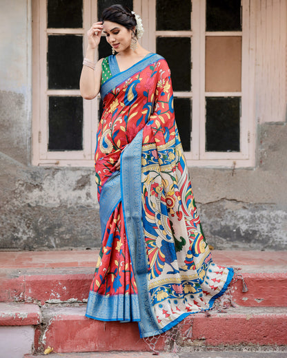 Multi Kalamakari Floral Printed Tussar Silk Saree With Zari Motif Border | Festive Ethnic Wear – JaipurSaaj