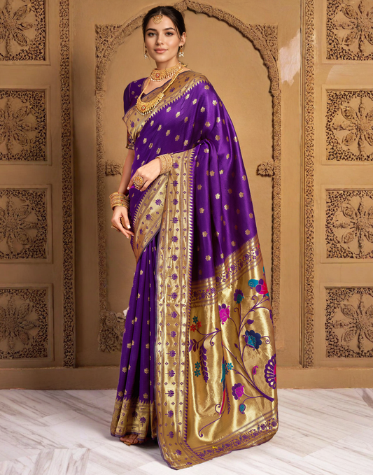 Traditional Purple Paithani Silk Saree With Zari Weaving Work