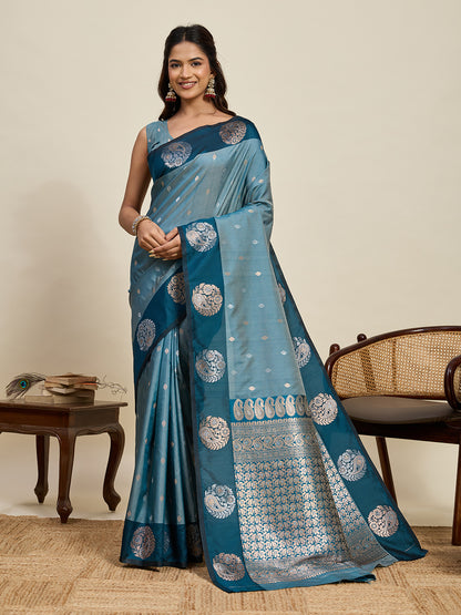 Rama Green Soft Silk Saree With Silver Banarasi Zari Weaving Work | Festive Wear – JaipurSaaj