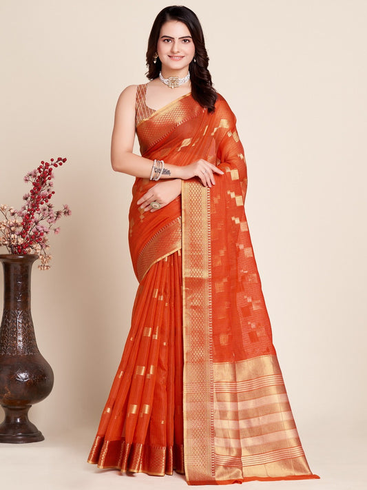 Orange Color Kota Doriya Saree With Zari Weaving Work