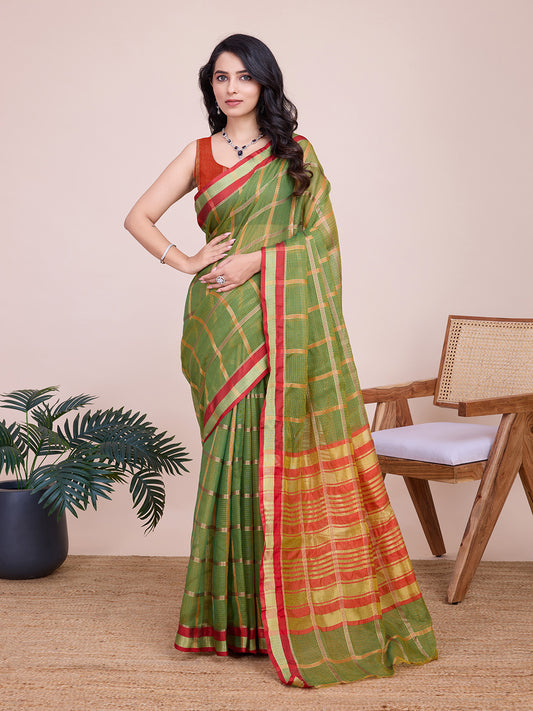 Mahendi Green Kota Doriya Saree With Zari Weaving Work