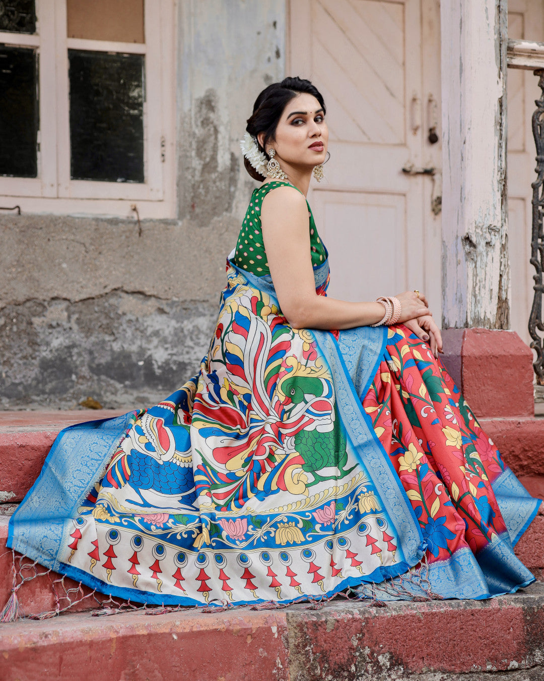 Multi Kalamakari Floral Printed Tussar Silk Saree With Zari Motif Border | Festive Ethnic Wear – JaipurSaaj