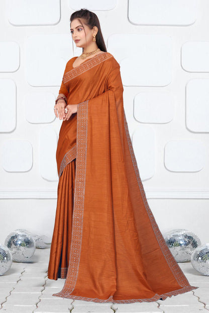 Orange Dola Silk Saree With Siroski Work Border