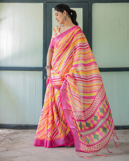 Yellow And Pink Soft Linen Cotton Saree With Digital Printed Work