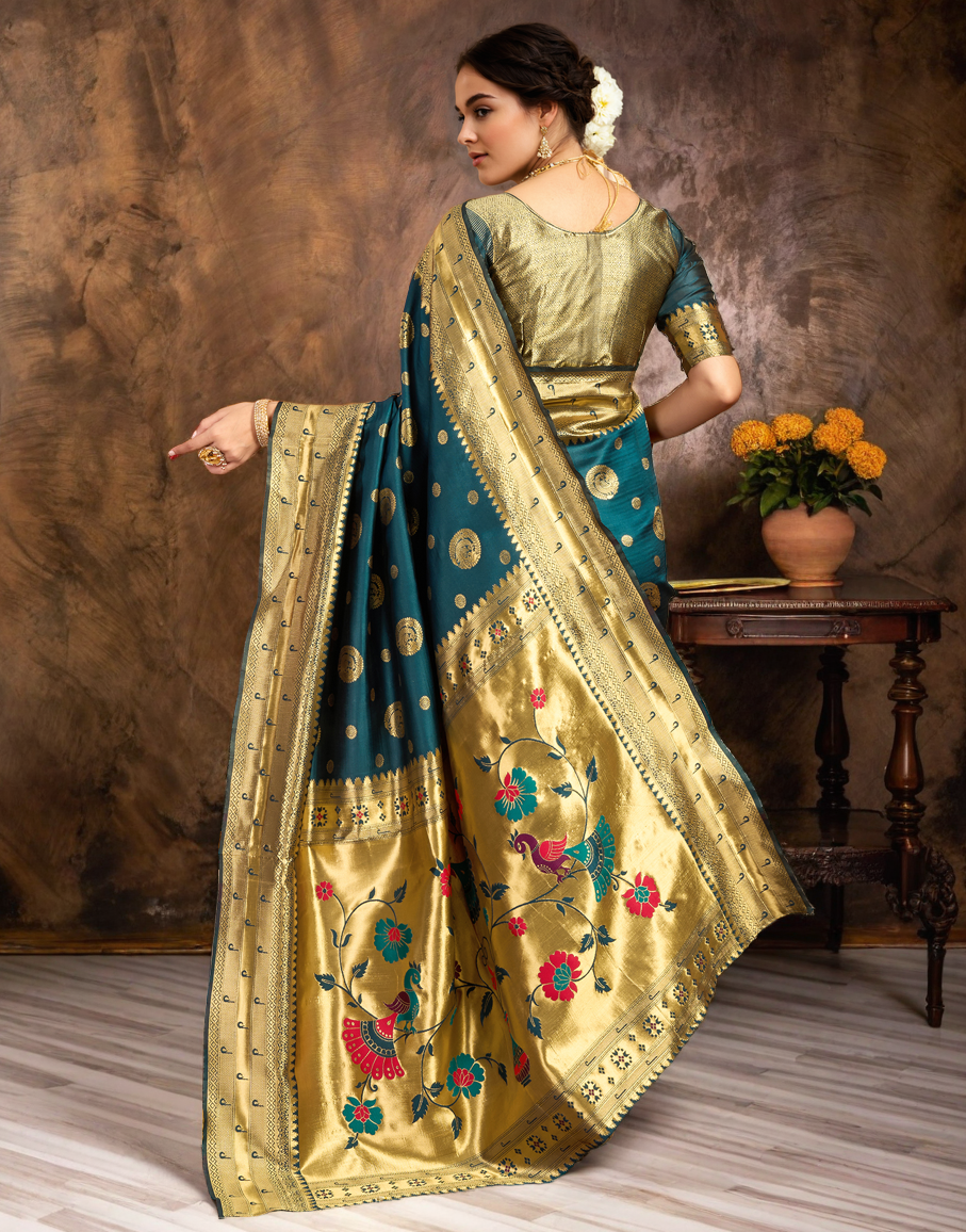 Morpeach Paithani Silk Saree With Zari Weaving Work