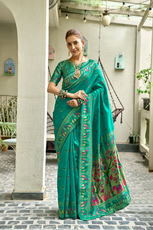 Traditional Rama Green Paithani Silk Saree With Zari Weaving Work
