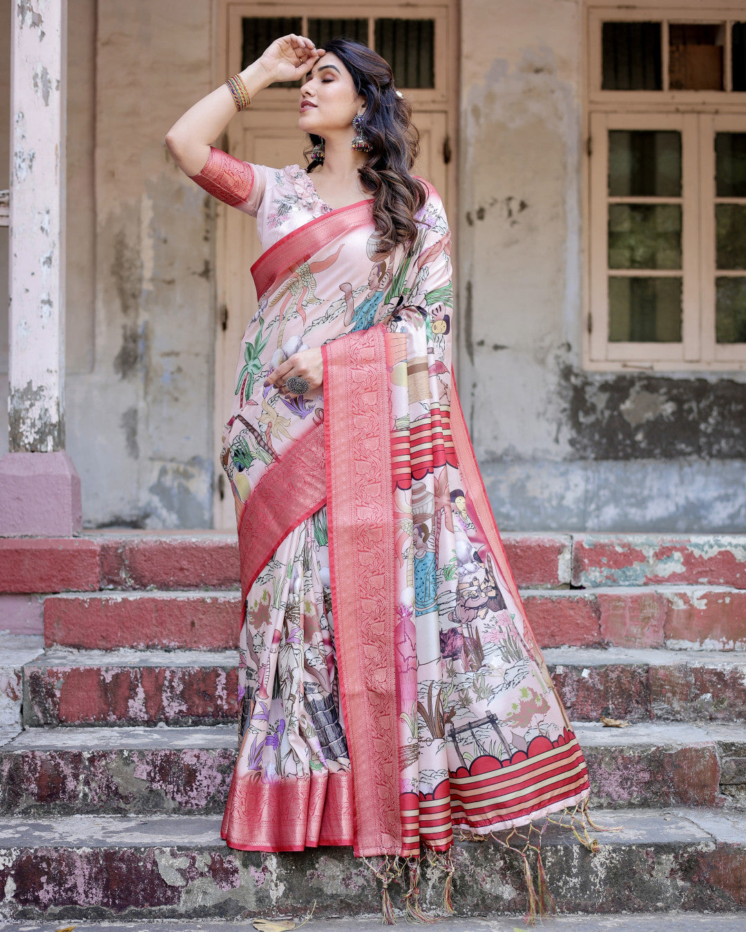 Multi Color Tussar Silk Saree With Digital Kalamkari Print & Zari Motif Border | Casual & Festive Wear – JaipurSaaj