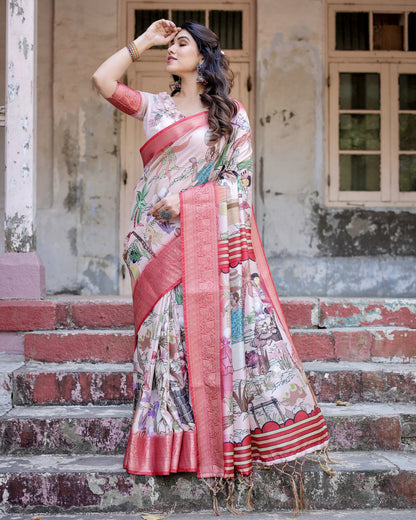 Multi Color Tussar Silk Saree With Digital Kalamkari Print & Zari Motif Border | Casual & Festive Wear – JaipurSaaj