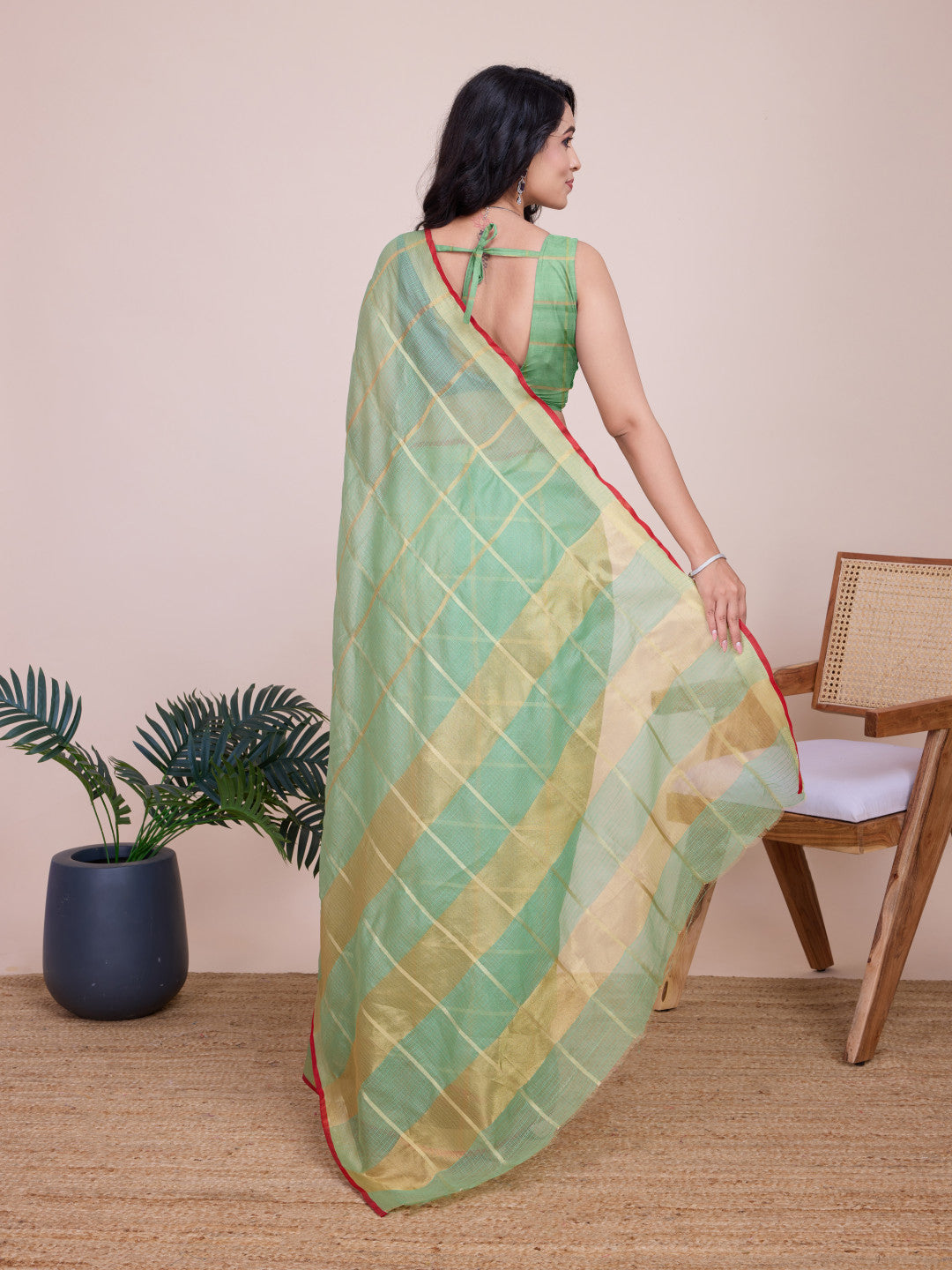 Pista Green Kota Doriya Saree With Zari Weaving Work